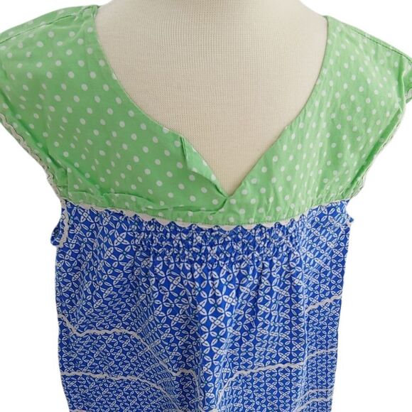 Smocking & rickrack green polka dots & blue cotton dress size 6 - Picture 3 of 9